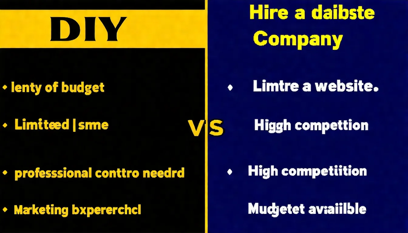 自己做 vs 找公司對比圖，兩欄呈現：左欄「適合自己做」列出四個情境（時間充裕、預算有限、網站較小、想要掌控），右欄「適合找公司」列出四個情境（時間不足、競爭激烈、需要專業、有行銷預算），中央有 VS 分隔