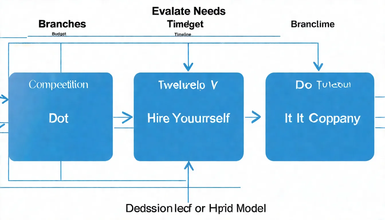 選擇 SEO 公司決策流程圖，從「評估需求」開始，分支到「預算」「時間」「競爭程度」等因素，最終導向「自己做」「找公司」或「混合模式」三個結果，配色使用藍色漸層