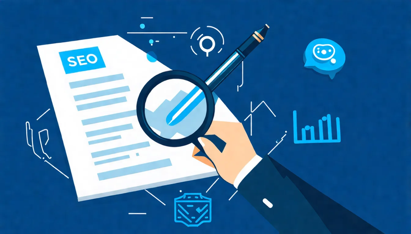 SEO 文章撰寫主視覺，畫面中央為一支筆在文件上書寫，文件周圍環繞著代表 SEO 元素的圖示：放大鏡（搜尋）、關鍵字氣泡、排行榜圖示，整體風格現代簡潔，配色使用科技藍