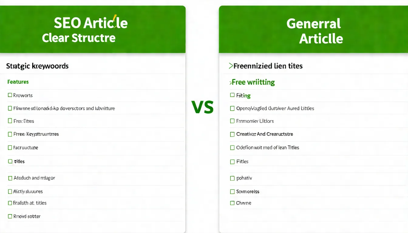SEO 文章 vs 一般文章比較圖，左右兩欄對比：左欄「SEO 文章」列出特點（策略性關鍵字、清晰結構、優化標題），右欄「一般文章」列出特點（隨興寫作、自由結構、創意標題），中間用 VS 分隔