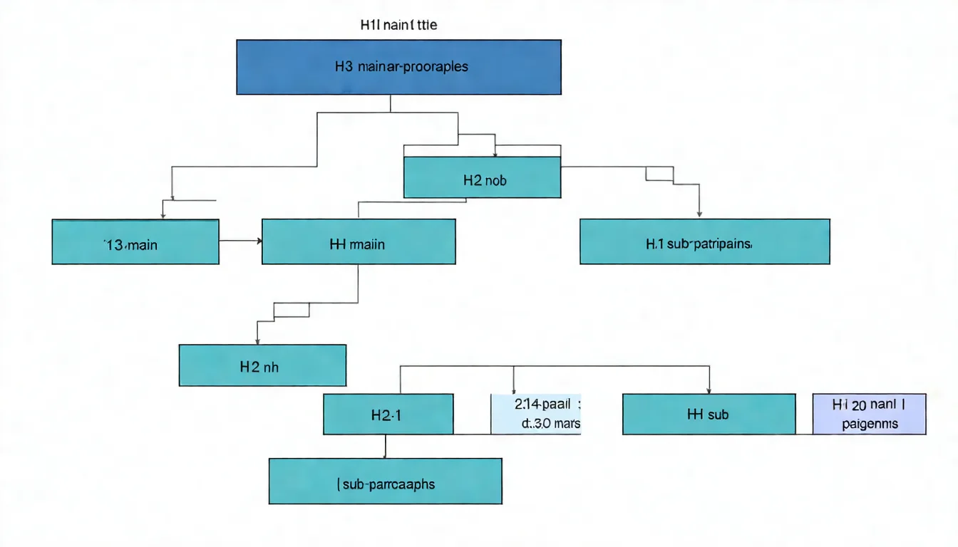 SEO 文章標題層級示意圖，以樹狀結構呈現：頂端 H1（主標題），往下分支出 3 個 H2（主要段落），每個 H2 下方有 2-3 個 H3（子段落），每個層級用不同顏色區分，右側標註各層級的使用說明