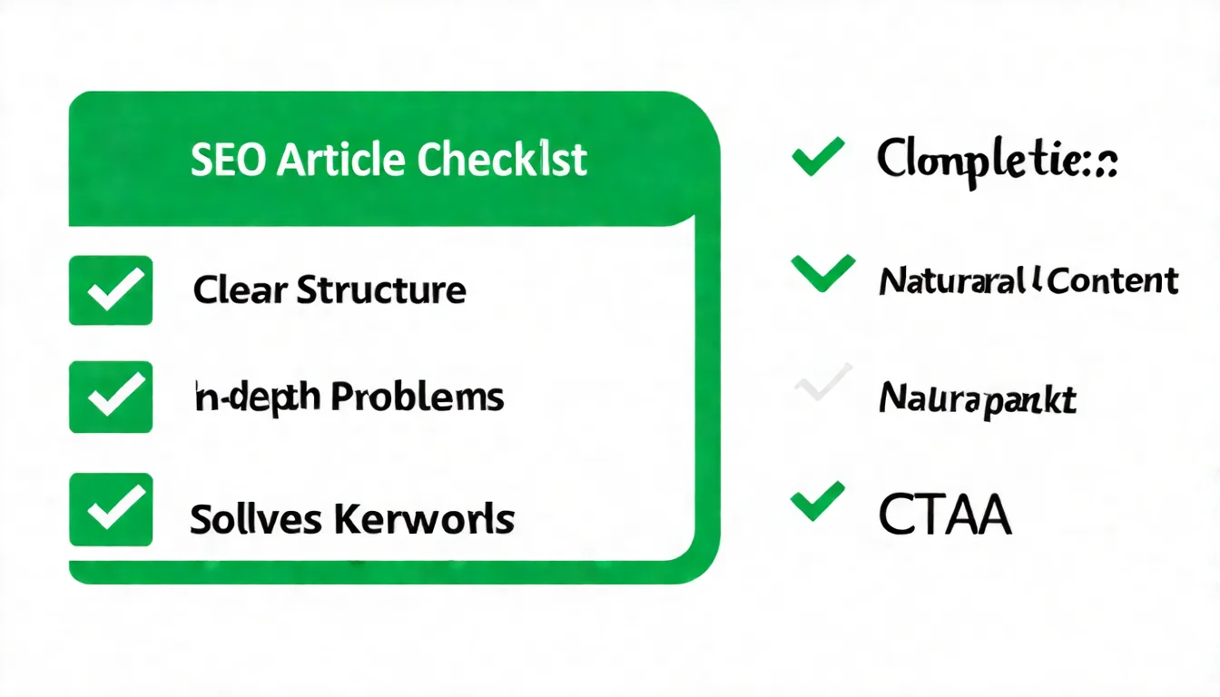 好的 SEO 文章特徵檢查清單，以文件圖示呈現，列出五個特徵：「結構清晰」「內容深度」「解決問題」「關鍵字自然」「明確 CTA」，每個項目前有勾選框圖示，配色使用綠色系代表「完成」