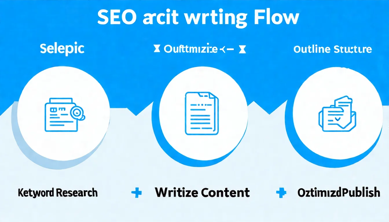 SEO 文章撰寫流程圖，五個步驟由左至右：「選定主題」→「關鍵字研究」→「規劃架構」→「撰寫內容」→「優化發布」，每個步驟用圓形圖示呈現，步驟間以箭頭連接，配色使用藍色漸層