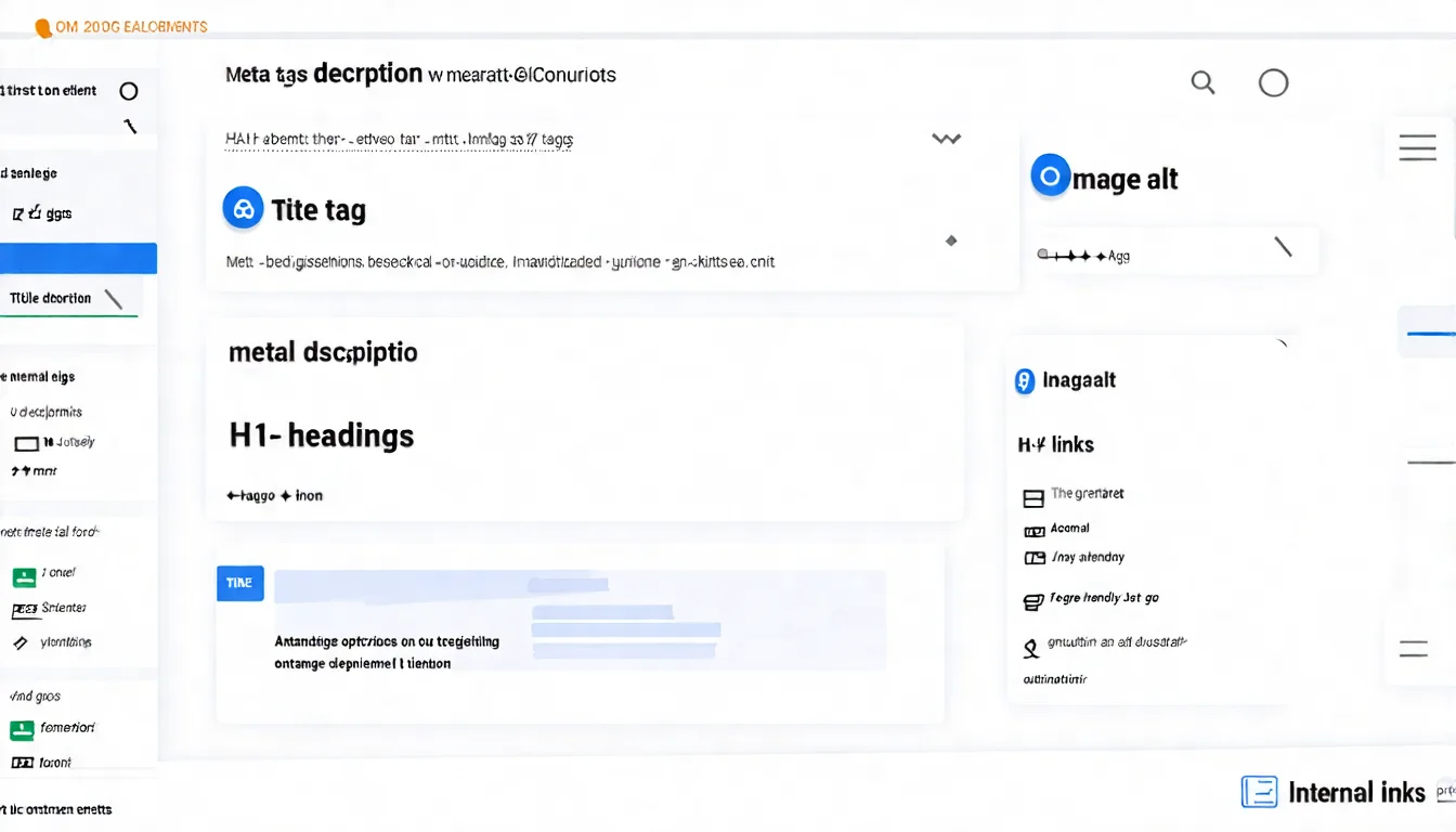 On-Page SEO 概念示意圖，展示網頁內各個可優化元素，包含標題標籤、Meta 描述、H1-H6 標題層級、圖片 Alt 標籤、內部連結等視覺元素標註在網頁上
