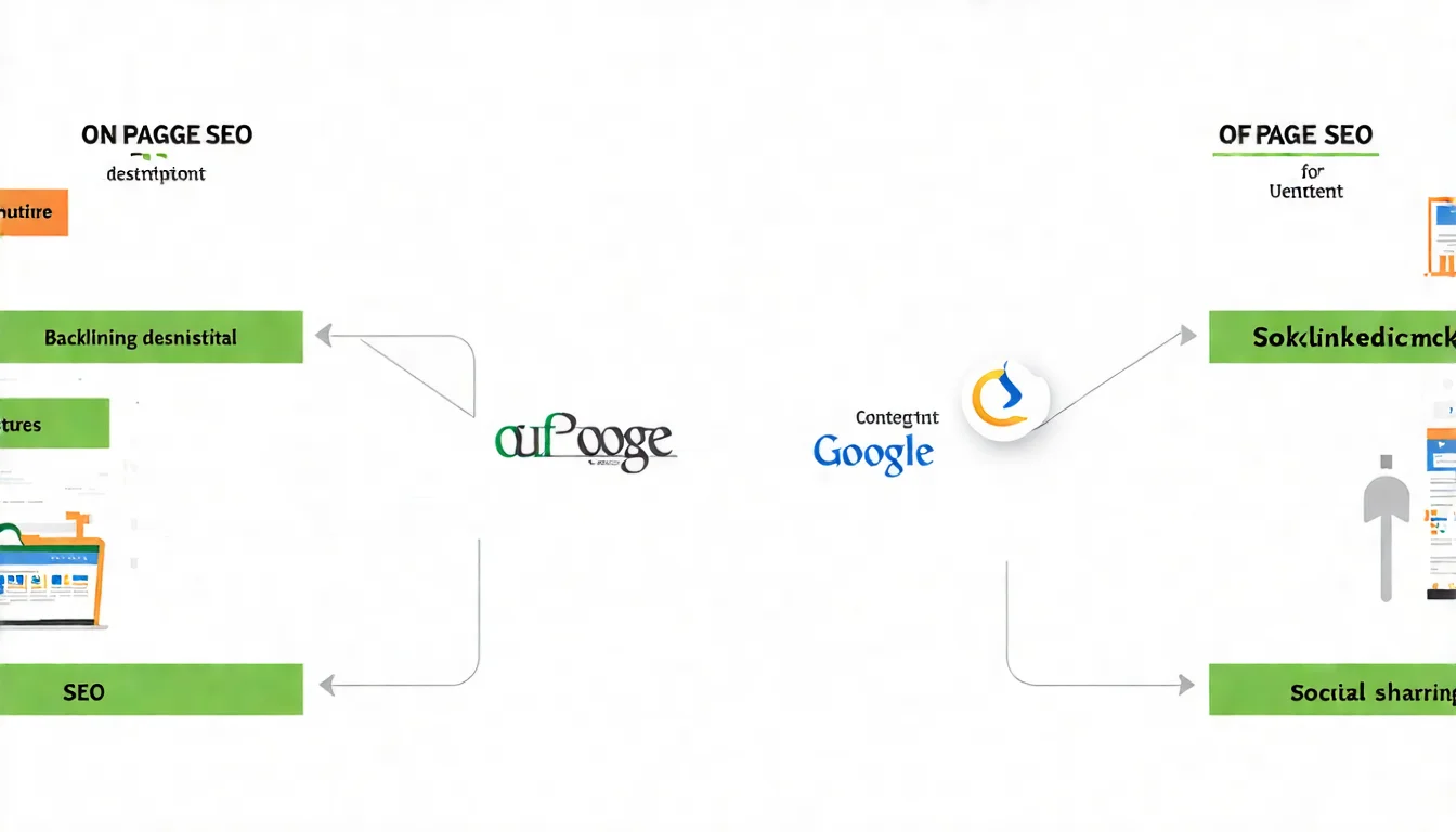 On-Page SEO 與 Off-Page SEO 比較圖，左側展示站內優化元素（標題、Meta、內容結構），右側展示站外優化元素（反向連結、社群分享），中間以雙向箭頭連接