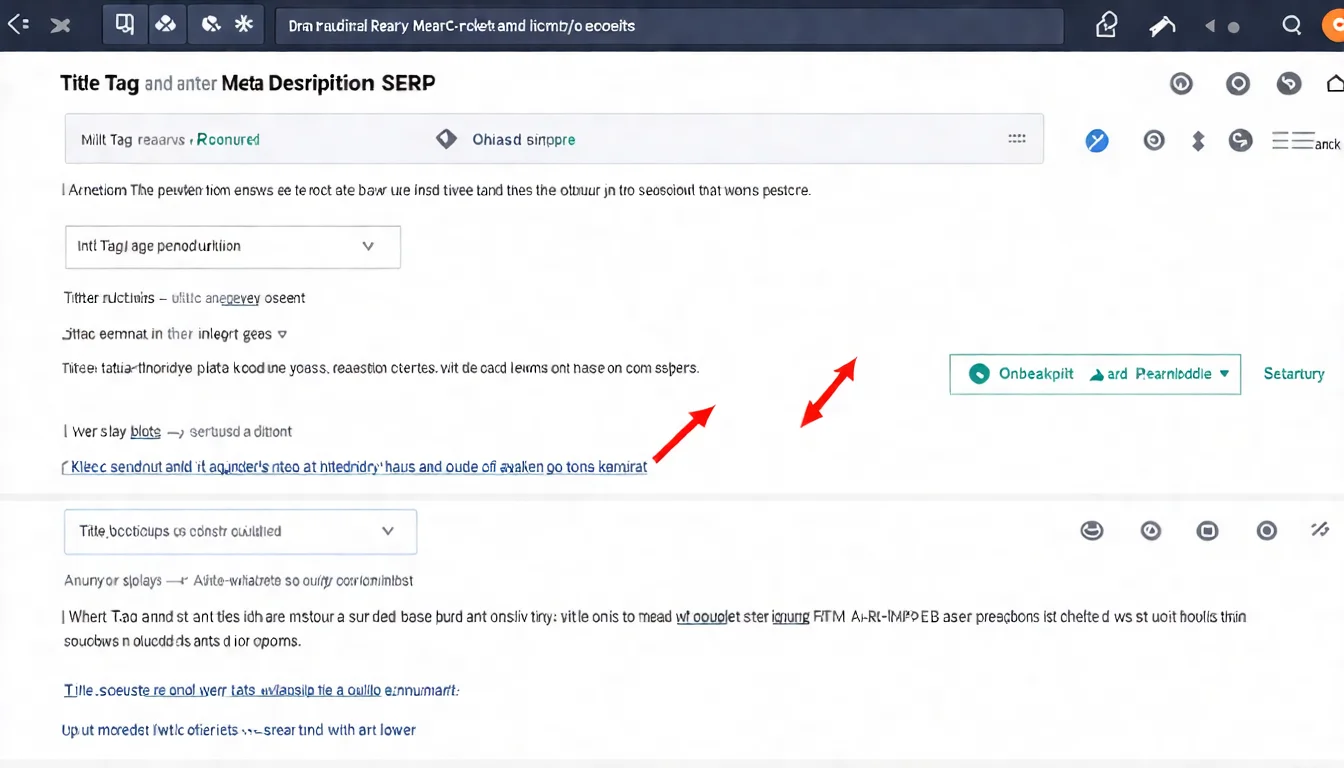 Google 搜尋結果頁面示意圖，清楚標註 Title Tag 和 Meta Description 的位置，並用箭頭和標籤指出各元素對應的區域
