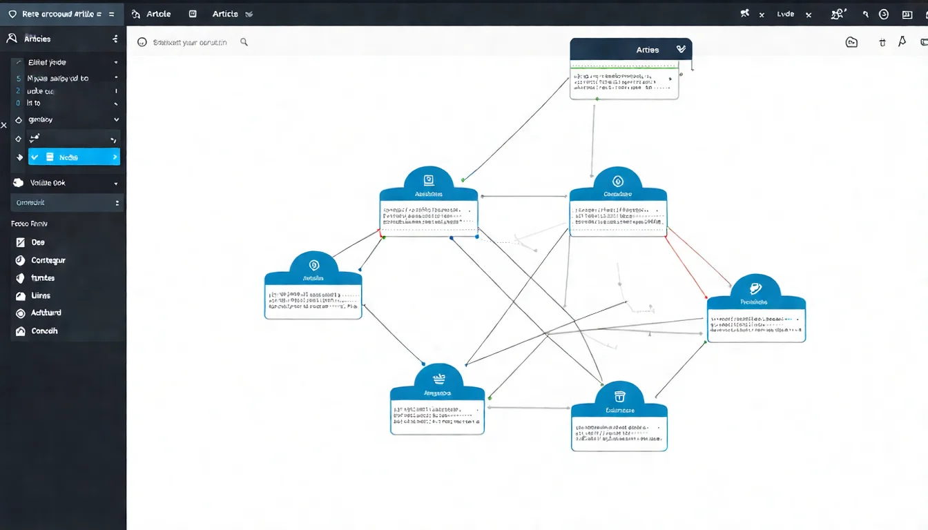 網站內部連結結構示意圖，以節點和線條展示多篇文章之間的相互連結關係，呈現類似蜘蛛網的網絡結構