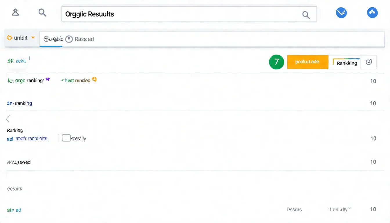 SEO 排名查詢概念圖，展示 Google 搜尋結果頁面，標註第 1-10 名的排名位置，並用不同顏色區分廣告區域和自然搜尋區域
