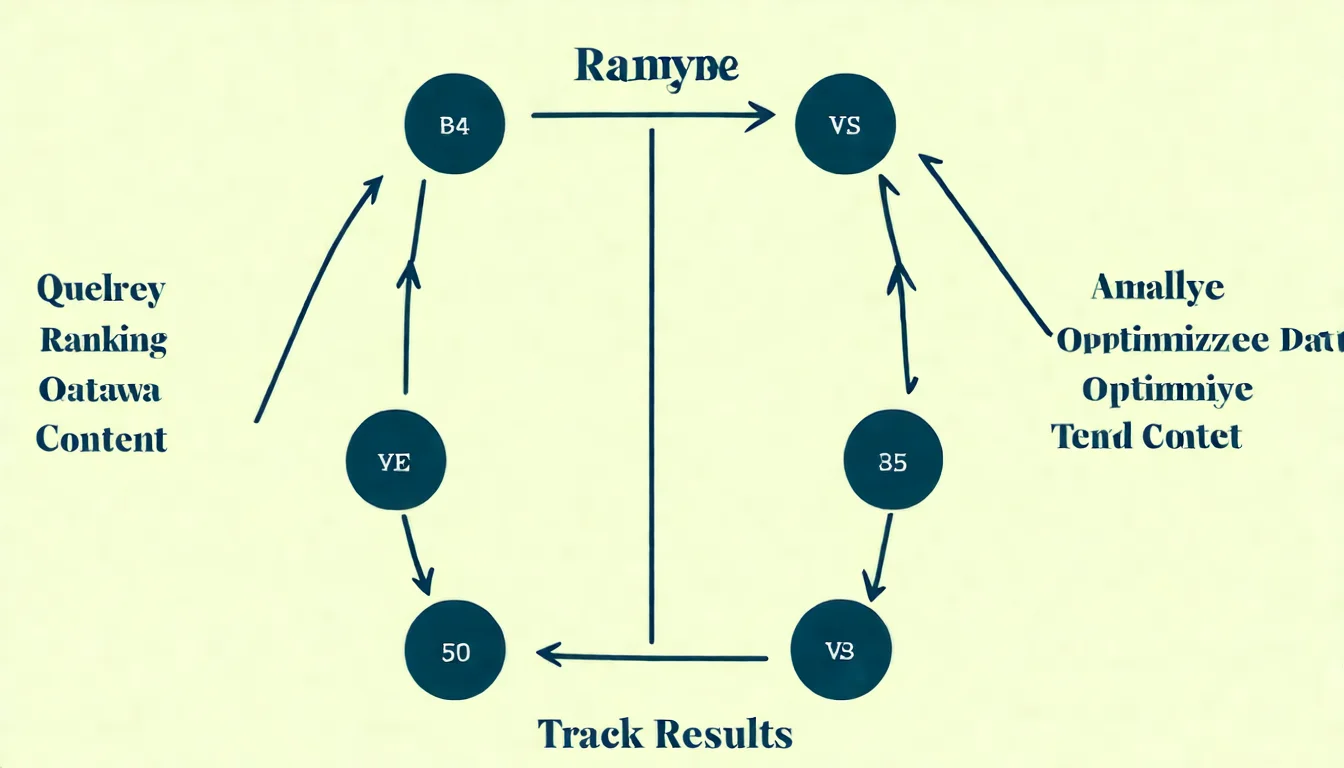 SEO 數據分析流程循環圖，以箭頭連接呈現「查詢排名 → 分析數據 → 優化內容 → 追蹤成效」的循環流程