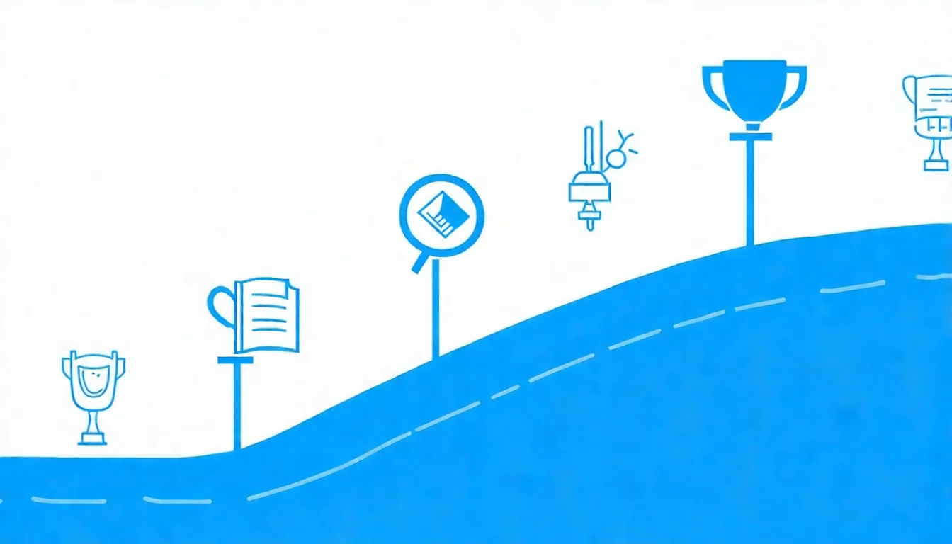 SEO 學習旅程主視覺，畫面呈現一條由左下往右上延伸的路徑，路徑上標示「入門」「基礎」「進階」「專精」四個里程碑，每個里程碑旁有相關的圖示（書本、放大鏡、工具、獎盃），整體風格現代簡潔，配色使用藍色漸層