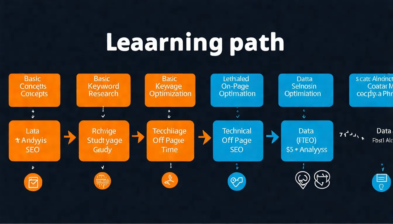 SEO 學習路徑流程圖，六個階段由左至右排列：「基礎概念」→「關鍵字研究」→「站內優化」→「技術SEO」→「站外SEO」→「數據分析」，每個階段用方框呈現，方框內有小圖示，方框間以箭頭連接，下方標示各階段的建議學習時間
