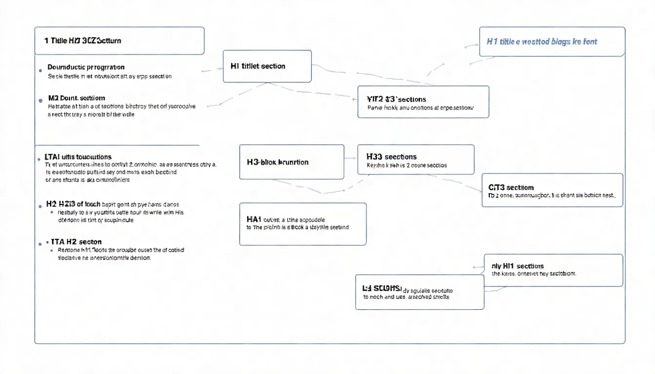 SEO 內容結構示意圖，以文件外框呈現，內含：頂部 H1 標題區（最大字體）、開頭段落區、多個 H2 段落區（每個 H2 下有 H3 子項目），結尾有 CTA 區塊，右側標註各區域的重點說明