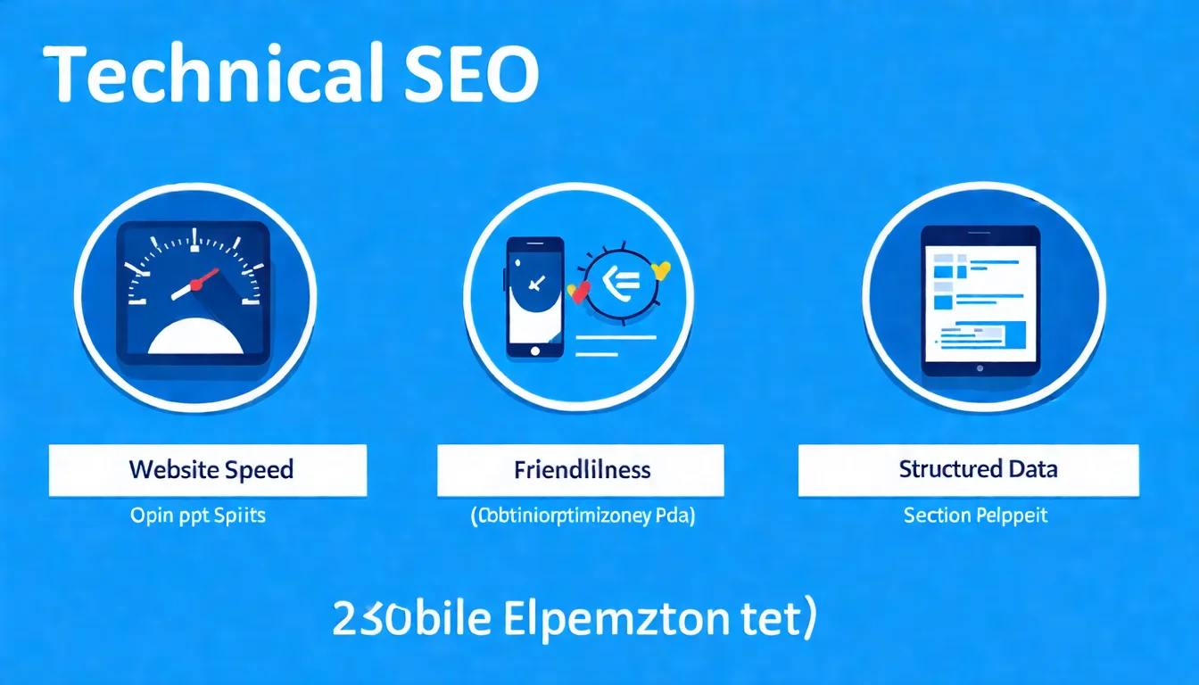 技術 SEO 三大要素示意圖，三個圓形區塊橫向排列：「網站速度」（速度計圖示）、「行動裝置」（手機圖示）、「結構化資料」（程式碼圖示），每個區塊下方列出 2-3 個重點項目，配色使用藍色系