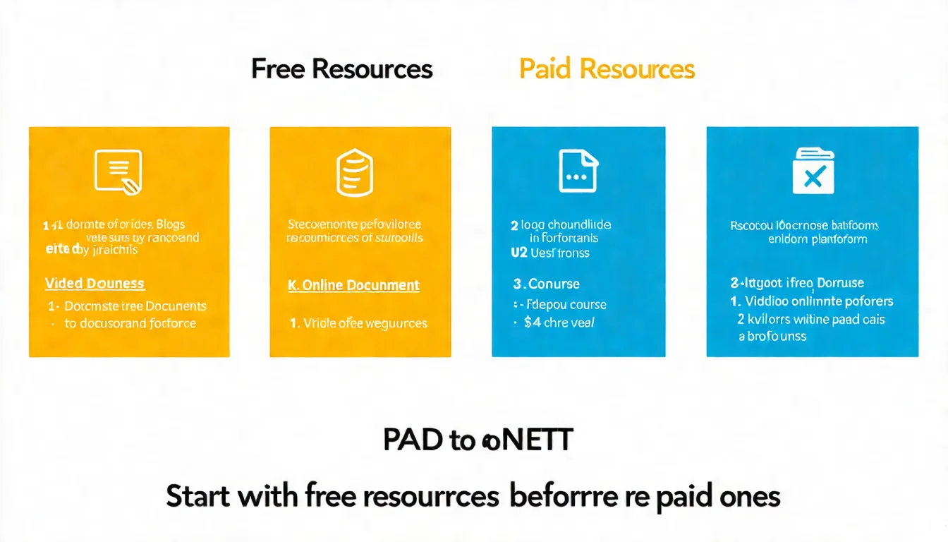 SEO 學習資源整理圖，分為左右兩欄：左欄「免費資源」列出 Google 官方文件、中英文部落格、YouTube 頻道；右欄「付費資源」列出線上課程平台，每個項目旁有小圖示，底部有「建議：先免費再付費」的提示