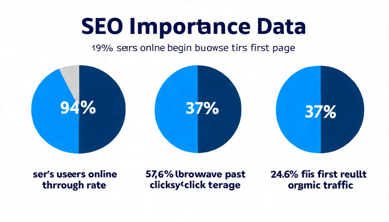 SEO 重要性數據資訊圖，以四個圓形數據卡呈現：93%（搜尋開始的網路體驗）、75%（不翻第二頁的用戶）、27.6%（第一名點擊率）、53%（自然流量佔比），每個數據卡用不同深淺的藍色，下方附簡短說明文字