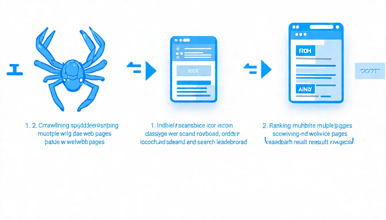 搜尋引擎運作流程圖，三個階段由左至右排列：1.爬取（蜘蛛機器人圖示掃描多個網頁）→ 2.索引（資料庫圖示將網頁分類存檔）→ 3.排名（排行榜圖示顯示搜尋結果順序），每個階段用箭頭連接，下方各有 2-3 行說明文字，配色使用藍色漸層