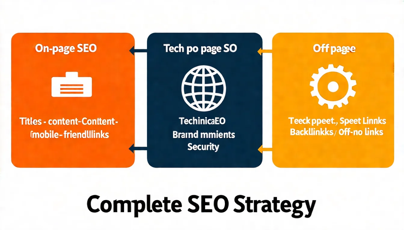 SEO 三大面向示意圖，三個主要區塊呈現：左側「站內 SEO」（網頁圖示，列出標題、內容、連結項目）、中間「技術 SEO」（齒輪圖示，列出速度、行動化、安全性項目）、右側「站外 SEO」（地球連結圖示，列出反向連結、品牌聲量項目），三者以虛線連接，下方統一標示「完整的 SEO 策略」