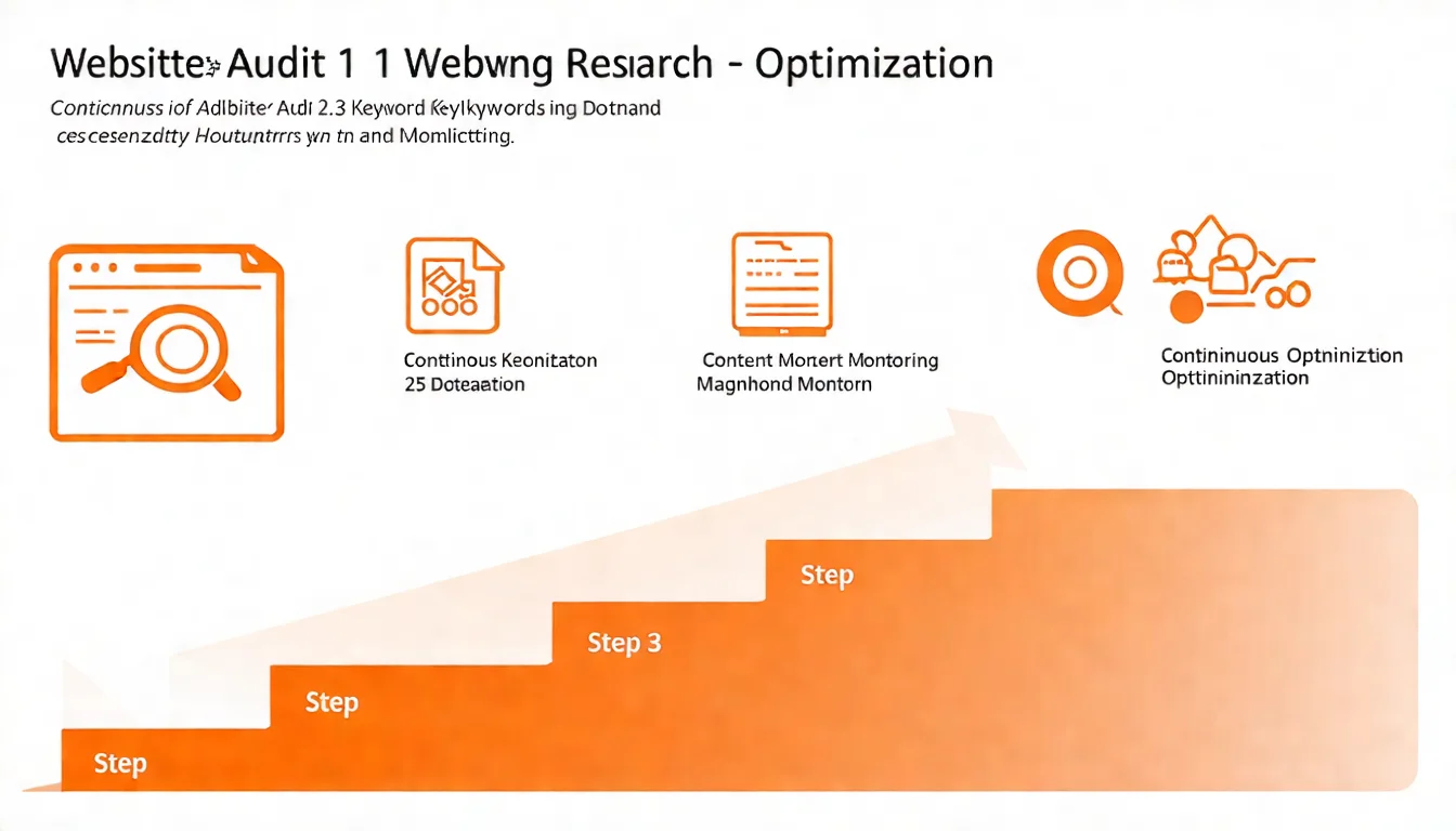 SEO 入門四步驟流程圖，以階梯形式由左下往右上排列：步驟1「網站健檢」（放大鏡+網頁圖示）→ 步驟2「關鍵字研究」（關鍵字氣泡圖示）→ 步驟3「內容優化」（文件編輯圖示）→ 步驟4「持續監測」（數據圖表圖示），每個步驟下方有 2-3 個重點項目，整體呈現向上提升的意象