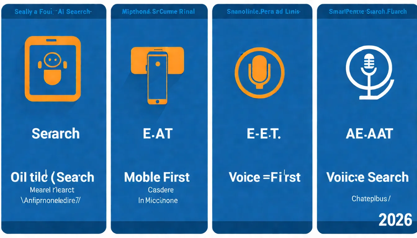 2026 SEO 趨勢資訊圖，四個趨勢卡片以 2x2 網格排列：左上「AI 搜尋」（機器人圖示）、右上「E-E-A-T」（獎章圖示）、左下「行動優先」（手機圖示）、右下「語音搜尋」（麥克風圖示），每個卡片包含圖示、標題和 2-3 行說明，中央標示「2026」，配色使用藍色系搭配橙色重點