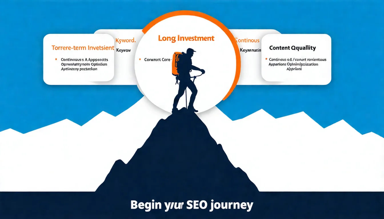SEO 入門總結資訊圖，中央為登山者站在山頂的剪影圖示（代表 SEO 之旅），周圍環繞五個重點卡片：「長期投資」「三大面向」「關鍵字核心」「內容品質」「持續優化」，底部標示「開始你的 SEO 之旅」，配色使用藍色漸層搭配橙色重點