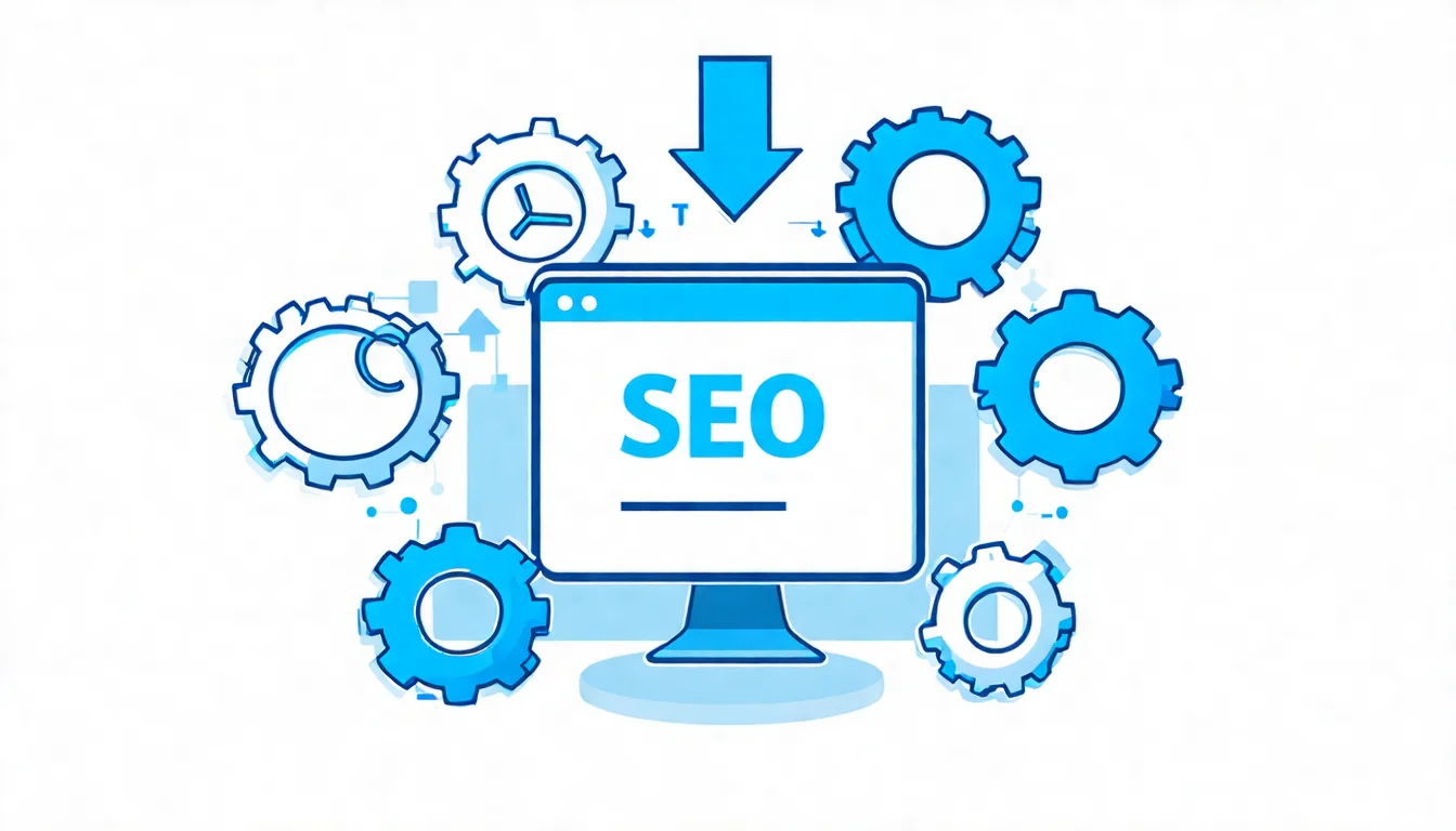 SEO 優化概念主視覺，中央為一個網站圖示，周圍有齒輪圖示代表優化過程，上方有向上箭頭代表排名提升，整體使用科技藍配色，風格現代簡潔