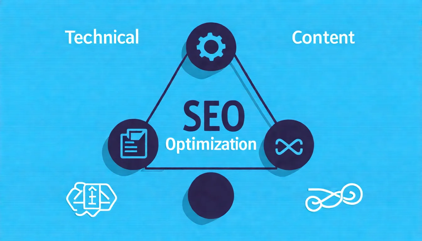 SEO 優化三大面向示意圖，以三角形結構呈現：頂端「技術面」（齒輪圖示）、左下「內容面」（文件圖示）、右下「連結面」（連結圖示），中央標示「SEO 優化」，三個面向以線條連接，配色使用藍色系