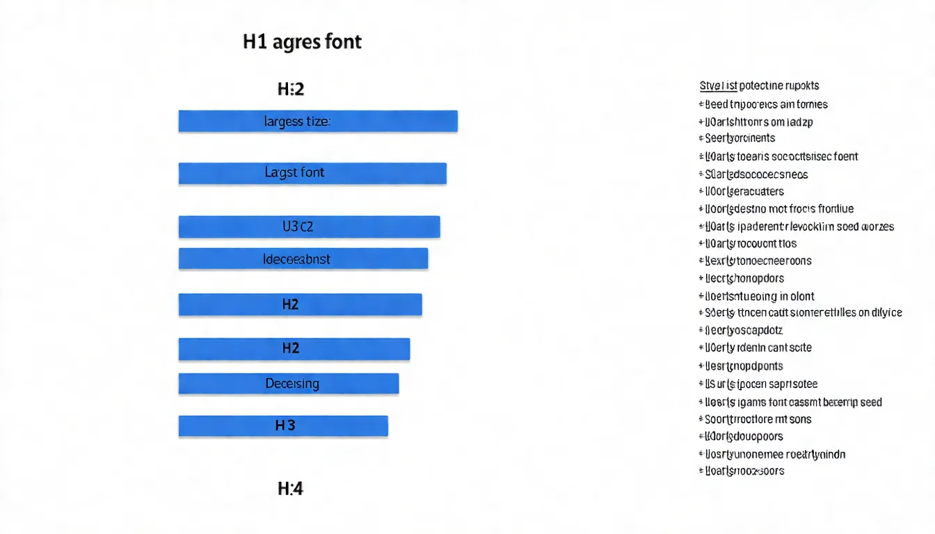 標題層級結構示意圖，以樹狀結構呈現 H1 到 H4 的階層關係，H1 在最上方（最大字體），往下依序是 H2、H3、H4（字體遞減），每個層級用不同深淺的藍色區分，右側附上簡短說明