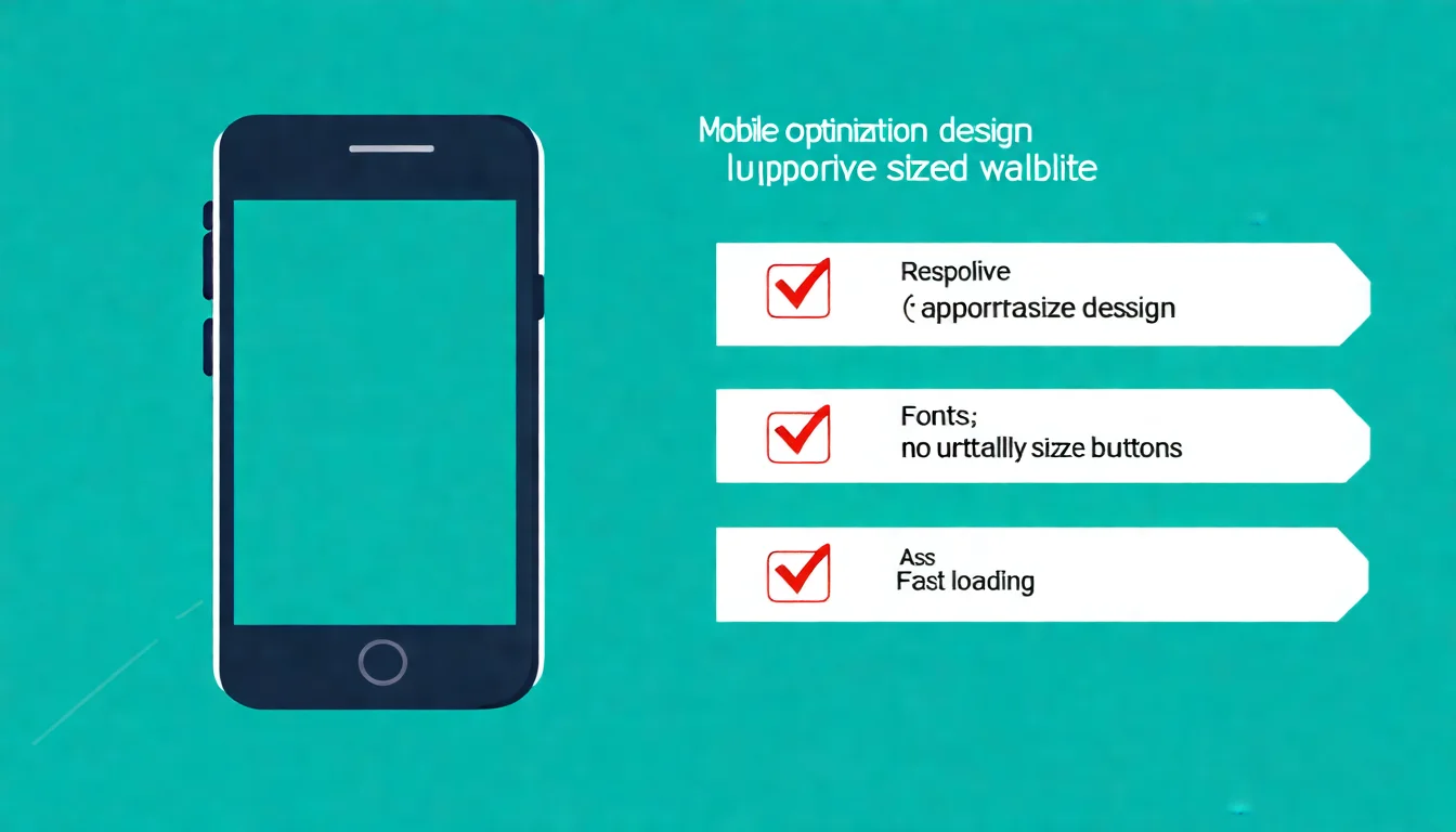 行動裝置優化檢查清單，左側為手機外框圖示，右側列出五個檢查項目（響應式設計、適當字體、足夠大的按鈕、無橫向滾動、快速載入），每個項目前有勾選框圖示，配色使用藍綠色系