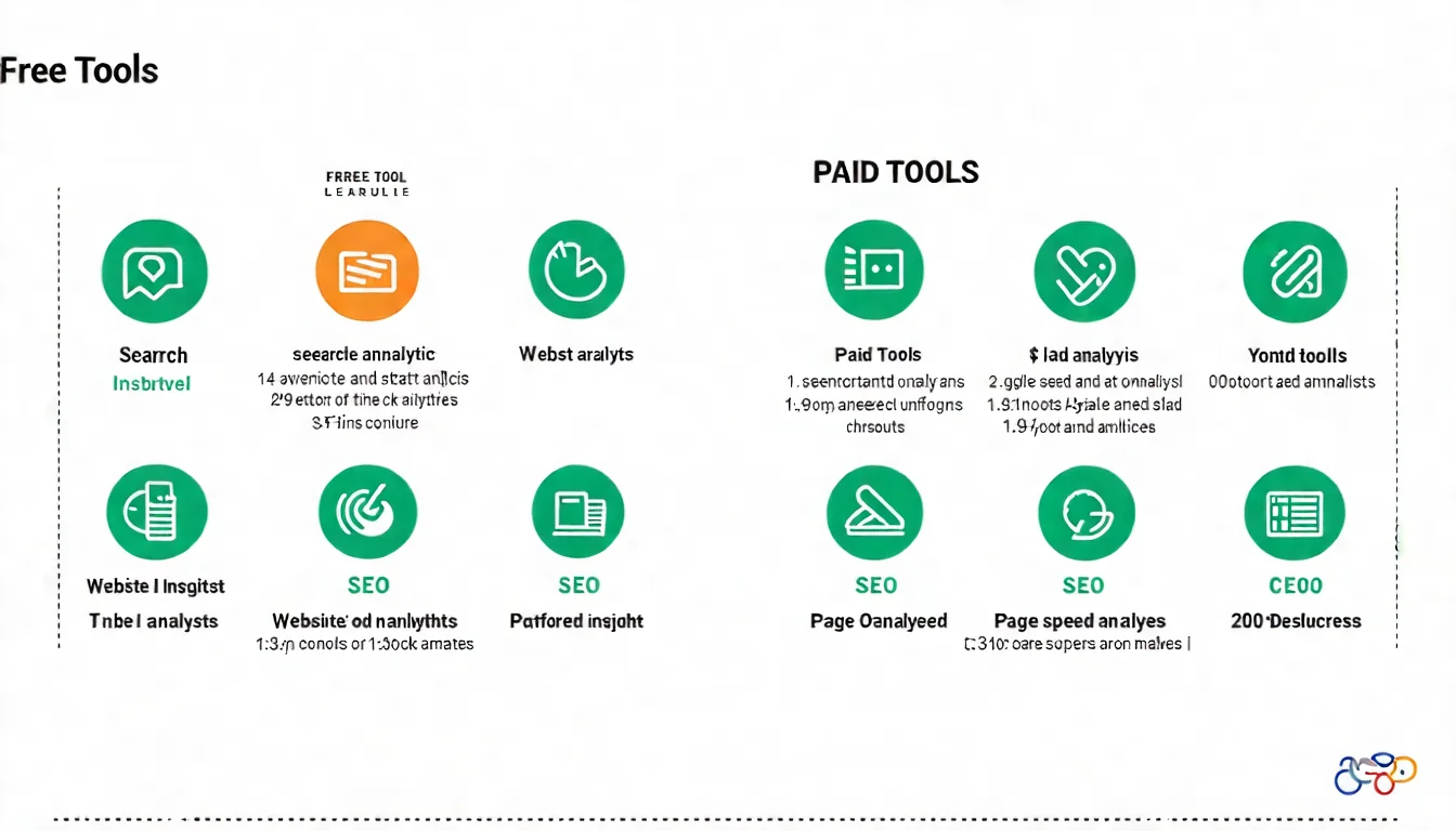 SEO 工具推薦資訊圖，分為兩區：左側「免費工具」（GSC、GA、PageSpeed 圖示），右側「付費工具」（Ahrefs、SEMrush、Moz 圖示），每個工具下方有一行功能說明，中央有虛線分隔