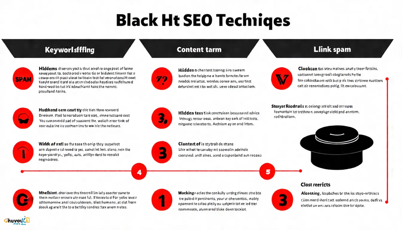 黑帽 SEO 常見手法圖解，以圖示和文字說明呈現關鍵字堆砌、隱藏文字、垃圾連結、內容農場、隱蔽重定向等違規技術