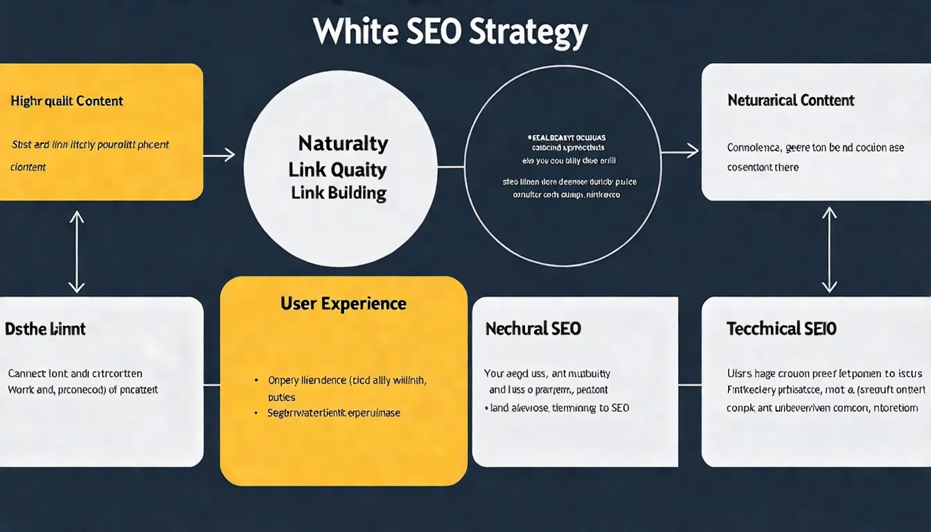 白帽 SEO 四大策略關係圖，以圓形或方塊呈現優質內容、自然連結、使用者體驗、技術規範四大策略，並標示它們的相互關係