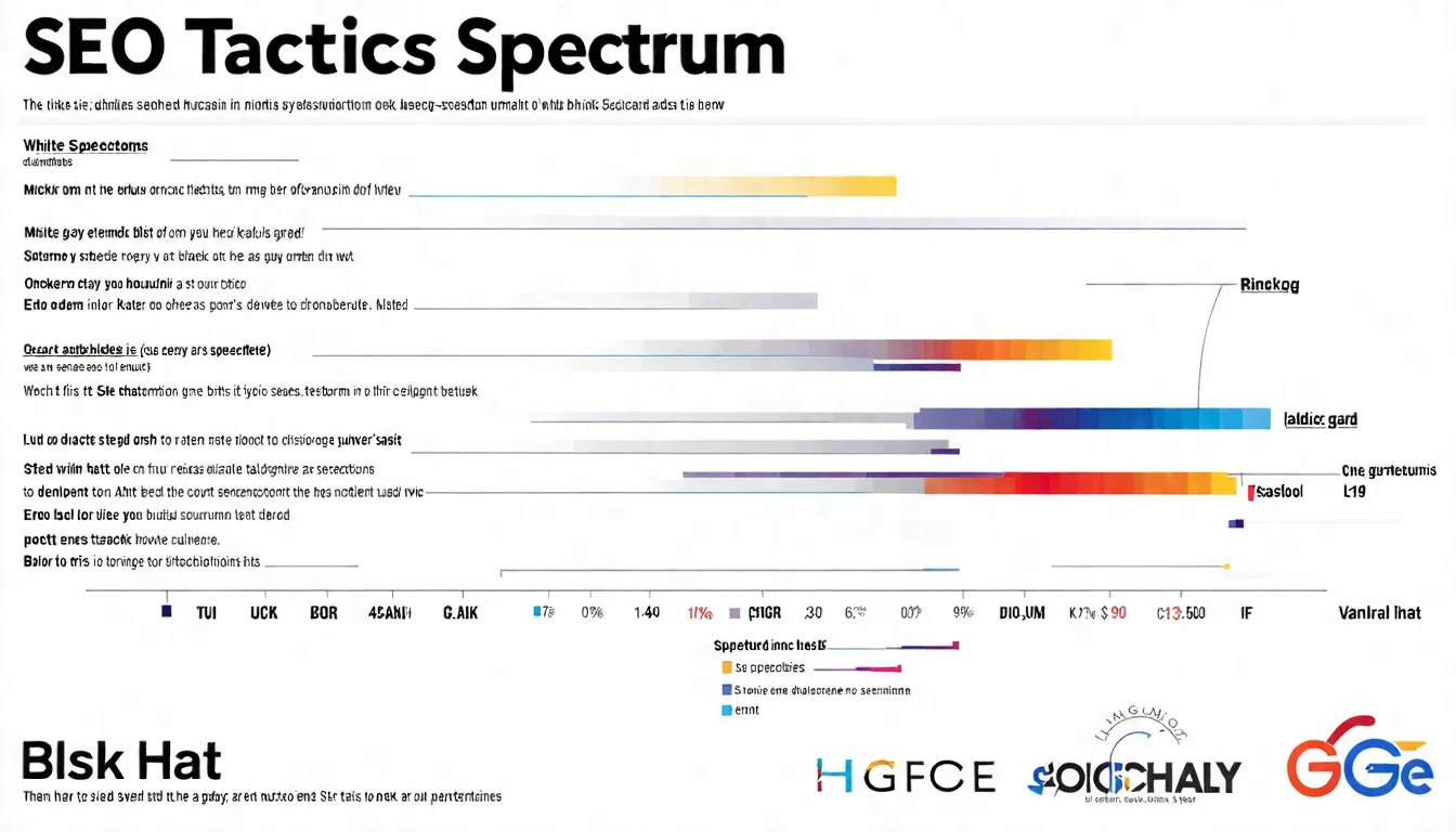 SEO 手法光譜圖，以漸層色彩呈現從白帽到灰帽到黑帽的連續光譜，標註各種手法在光譜中的位置，幫助讀者理解 SEO 手法的風險程度