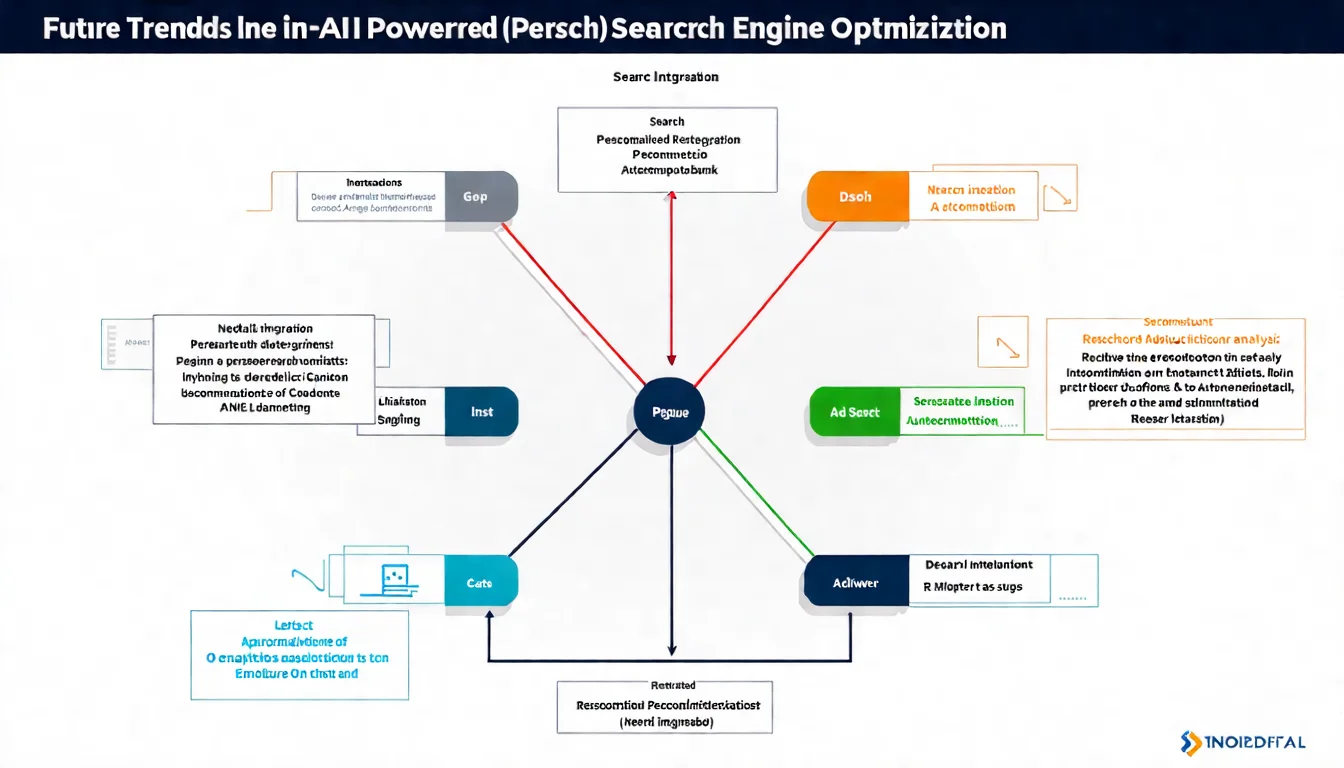 AI SEO 未來趨勢的視覺化呈現，包含深度整合、搜尋意圖分析、個人化推薦、自動化四個趨勢方向的圖示，以時間軸或象限圖形式展示