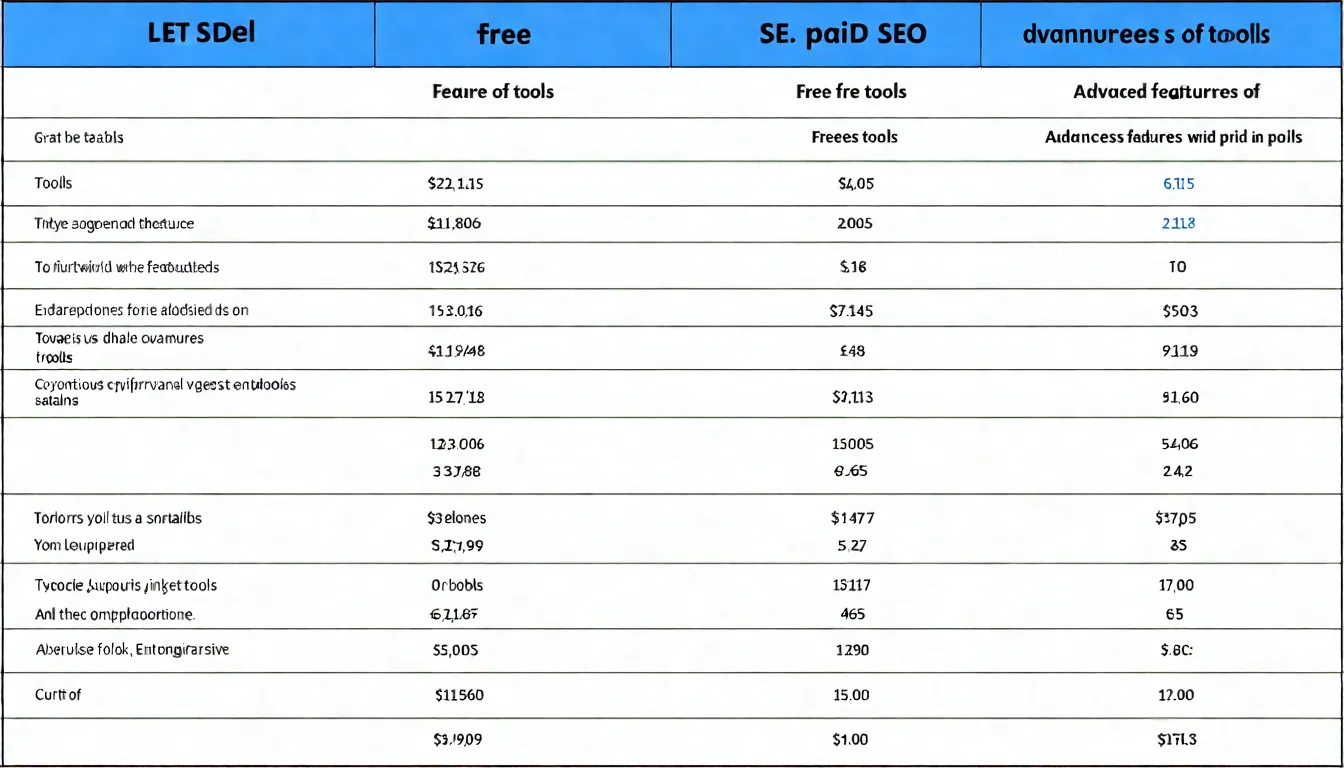 免費與付費 SEO 工具的功能比較圖表，以表格或對比圖形式呈現，左側為免費工具的功能範圍，右側為付費工具的進階功能，幫助讀者理解差異