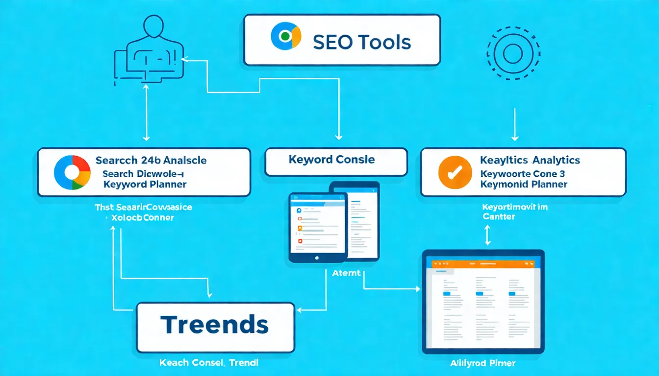 Google 官方免費 SEO 工具組合示意圖，包含 Search Console、Analytics 4、關鍵字規劃工具、Trends 四個工具的整合使用流程，展示如何搭配使用