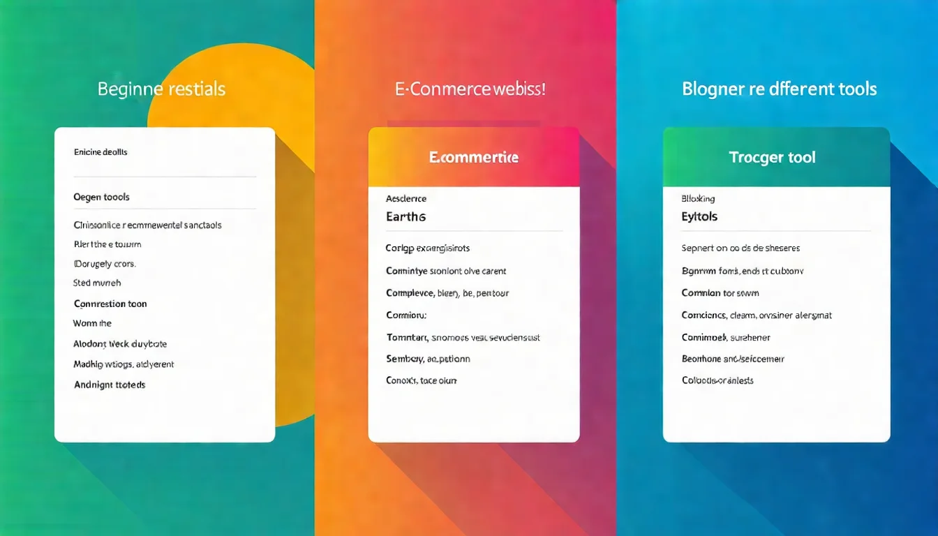 不同使用場景的免費工具組合建議圖，分為新手必備、部落客推薦、電商網站三種組合，以卡片或分欄形式呈現各組合的工具清單
