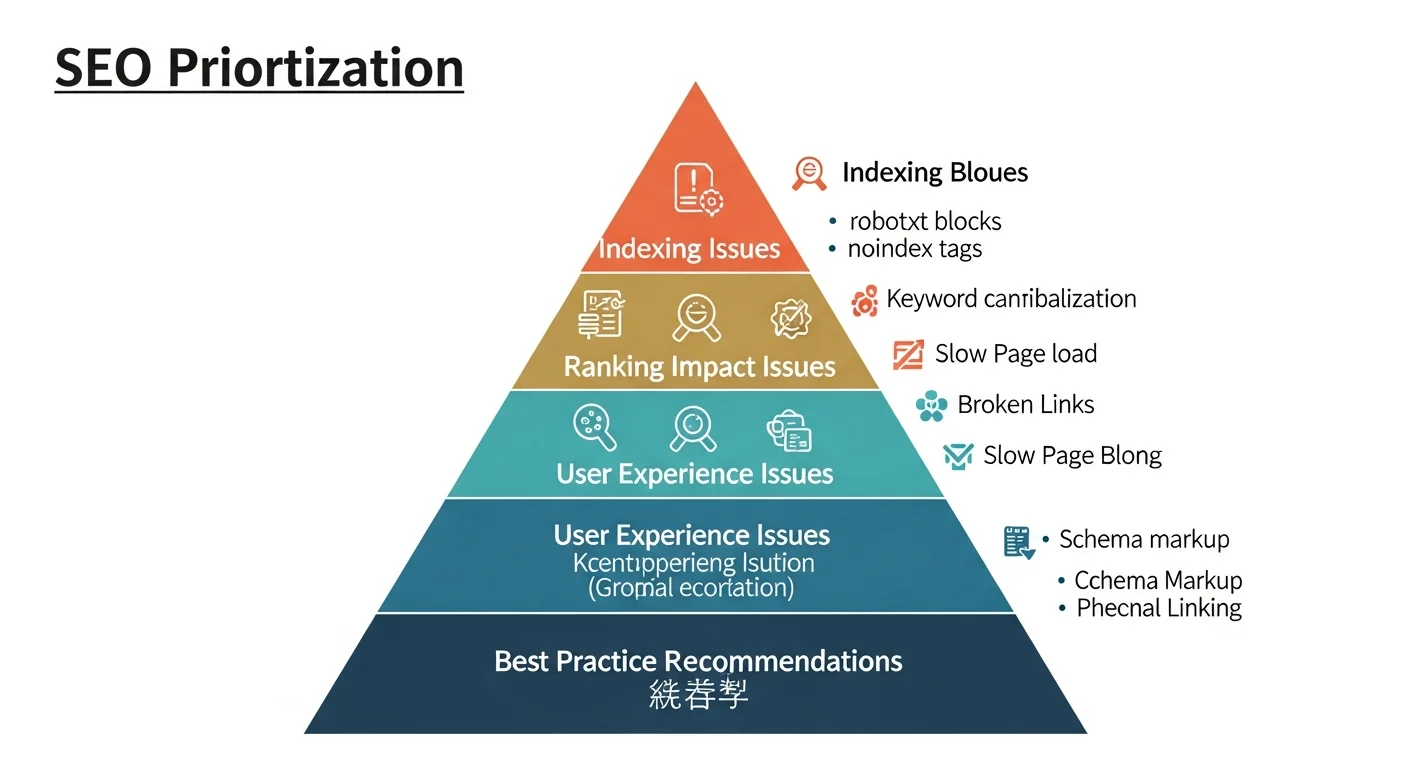 SEO 問題優先順序金字塔圖，從最高優先的索引問題、排名影響問題、用戶體驗問題到最佳實踐建議，以金字塔或分層圖形式呈現