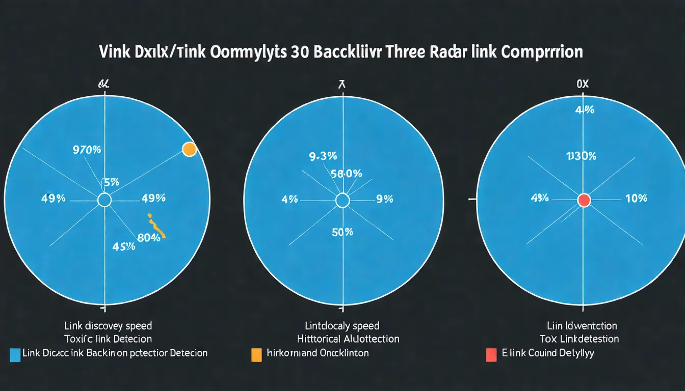 三大工具反向連結分析功能的詳細比較雷達圖，從連結發現速度、歷史數據、有毒連結偵測、連結機會等維度進行評比