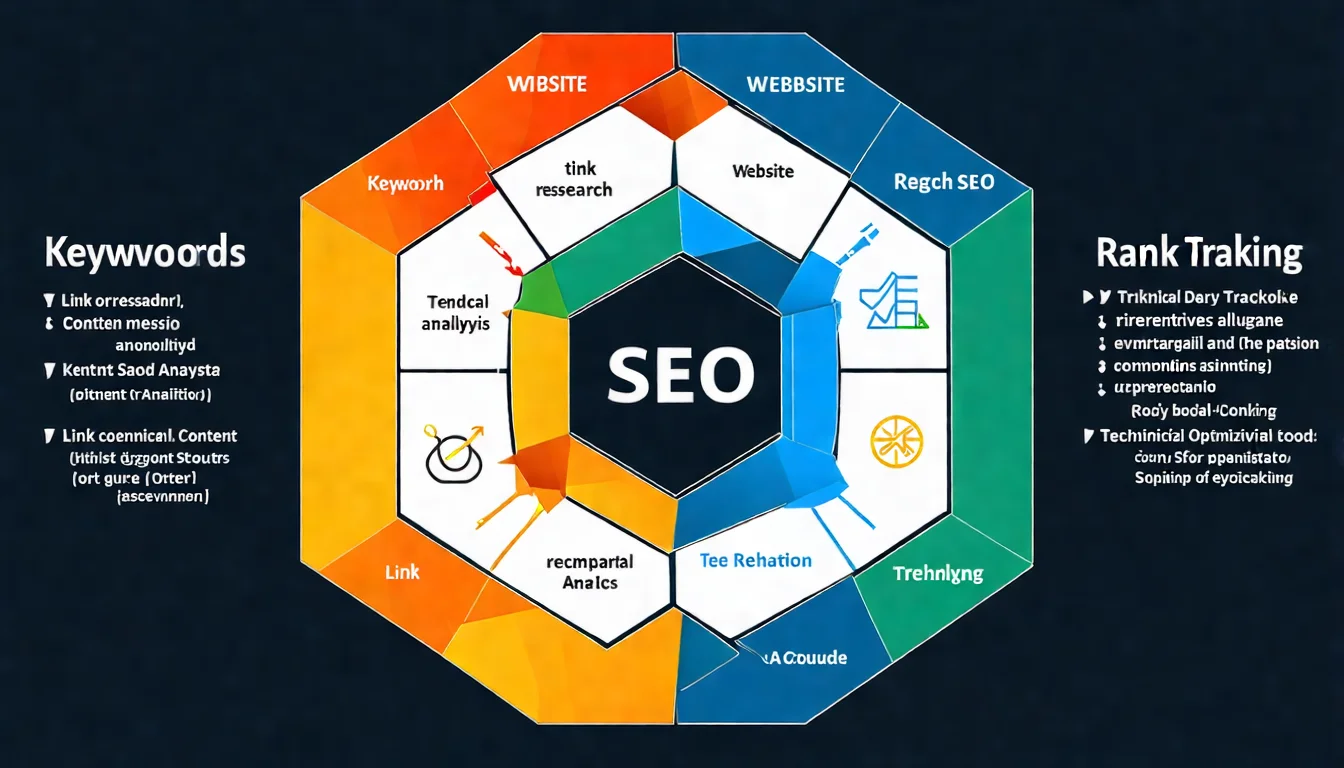 SEO 工具分類總覽圖，將關鍵字研究、網站分析、排名追蹤、技術 SEO、內容優化、連結分析六大類別以六宮格或環狀圖形式呈現，每類標註代表工具