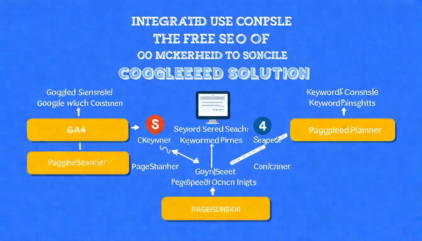 免費 SEO 工具組合圖，展示 Google Search Console、GA4、關鍵字規劃工具、PageSpeed Insights 的整合使用方式，以工作流程圖形式呈現