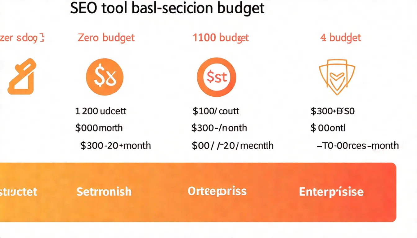 依預算選擇 SEO 工具的階梯圖，從零預算、$100-200/月、$300+/月到企業級，每層標註推薦的工具組合