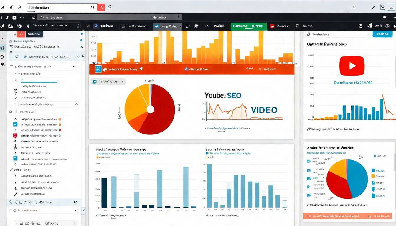 YouTube SEO 工具總覽圖，展示 TubeBuddy、VidIQ 等工具的介面元素，以 YouTube 平台風格為背景，呈現影片優化的核心概念