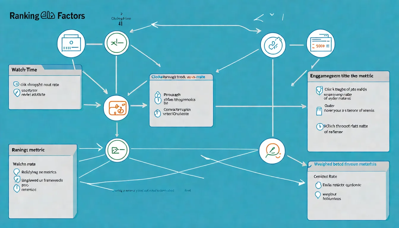 YouTube 演算法運作原理圖，展示觀看時間、點擊率、互動指標、相關性等排名因素，以流程圖或權重圖形式呈現