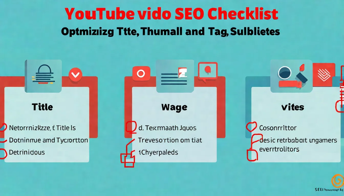 YouTube 影片 SEO 優化清單視覺化，從標題、描述、標籤、縮圖、字幕五個元素展示優化要點，以檢查清單或圖示集合形式呈現