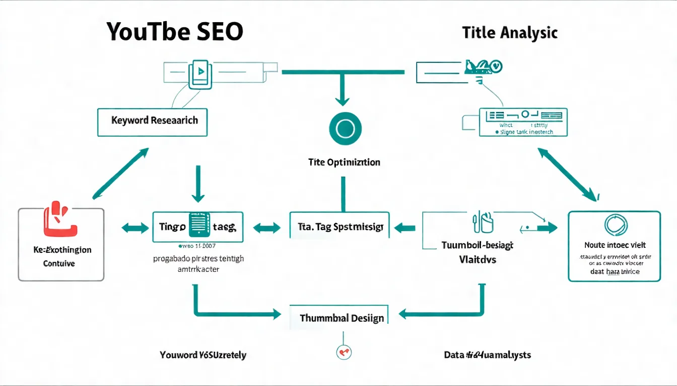 YouTube SEO 工具使用流程圖，從關鍵字研究、標題優化、標籤設定、縮圖設計到數據分析的完整工作流程
