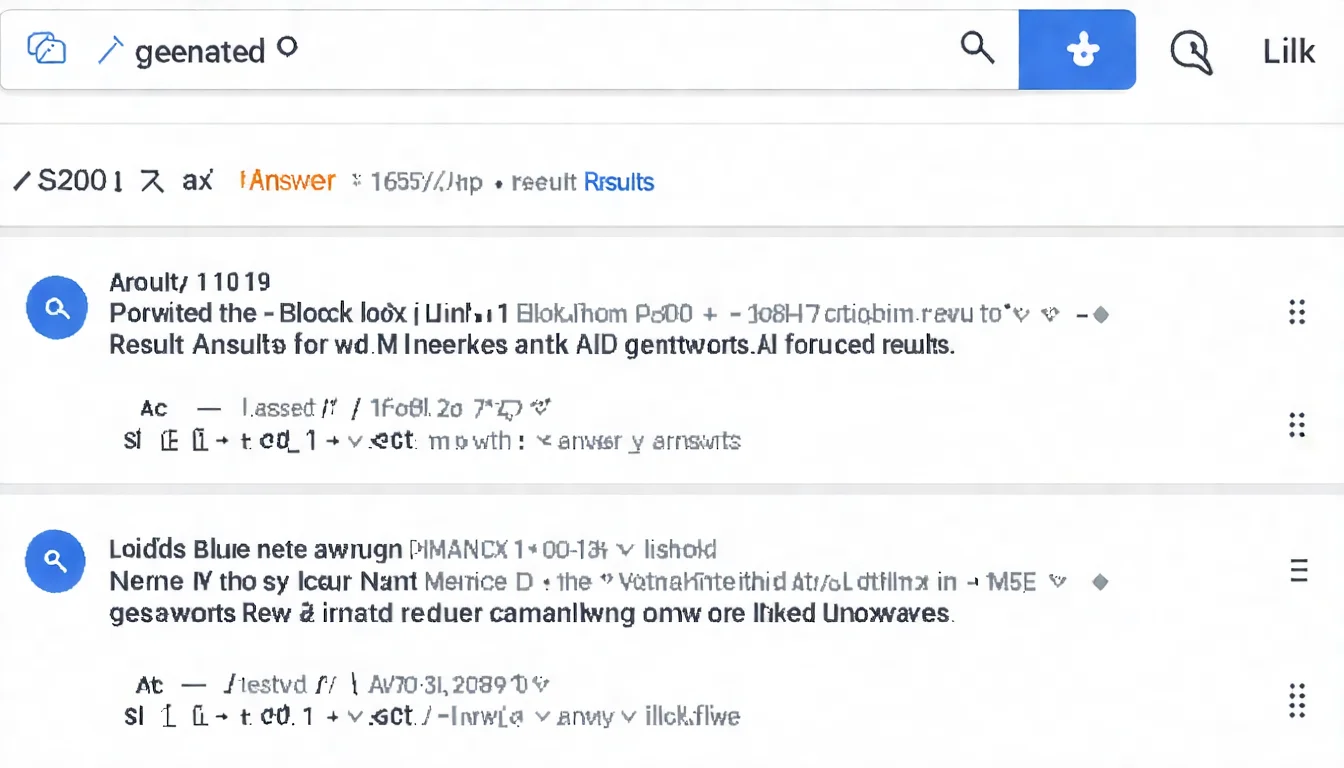 AI Overviews 搜尋結果頁面示意圖，展示 AI 回答區塊在搜尋結果頁面的位置，標註傳統藍色連結的位置變化
