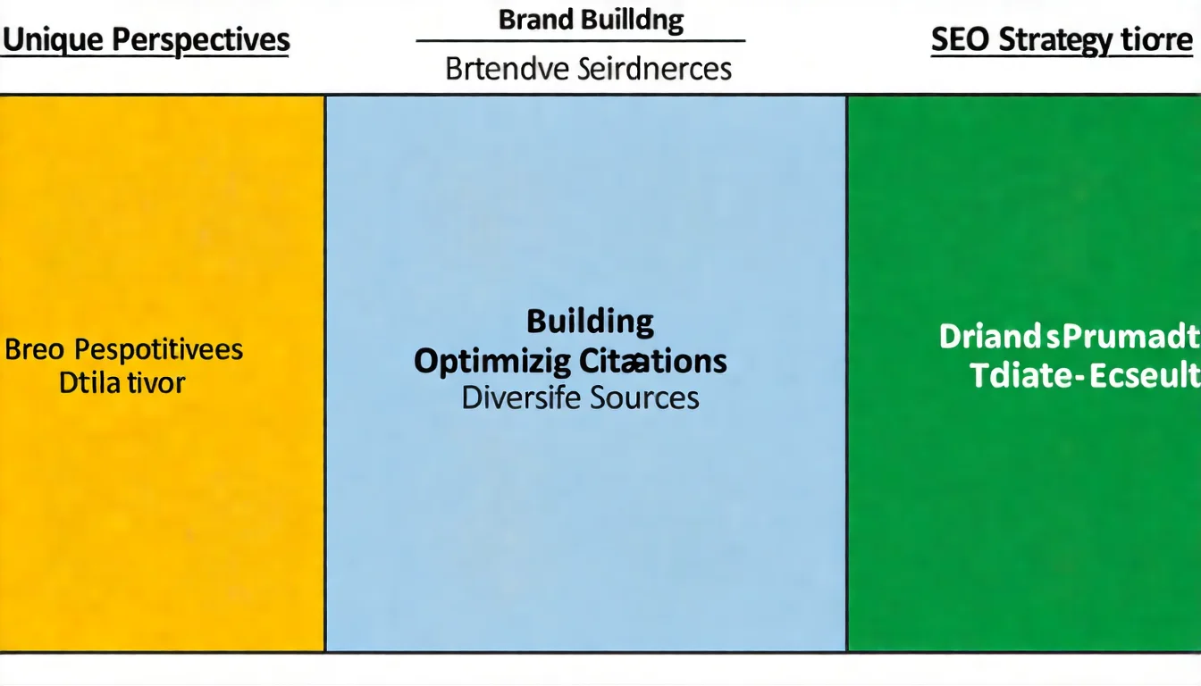AI 時代 SEO 策略四象限圖，以四象限分別呈現獨特觀點、品牌建立、優化被引用、多元流量四大策略