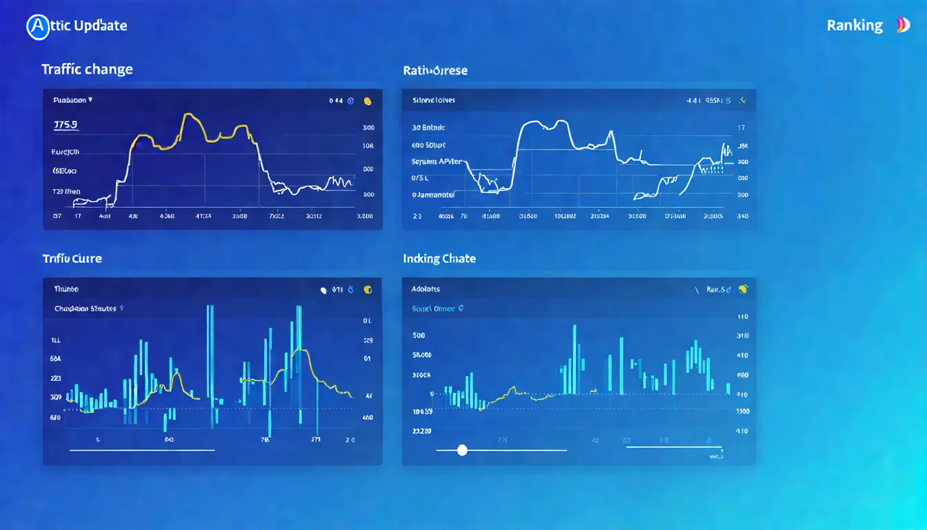 演算法更新監控指標圖，展示流量變化曲線、排名變動圖表、索引狀況等監控要素