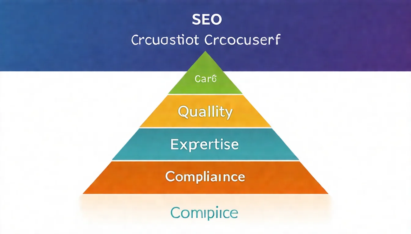 SEO 長期策略金字塔圖，以金字塔形式呈現內容品質、真實專業、遵守規範三個永恆原則的層級關係