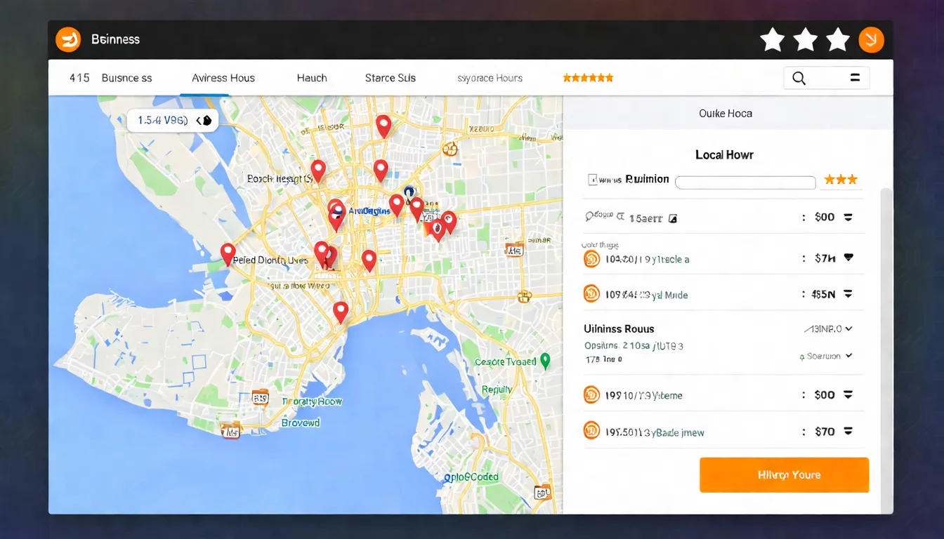 在地搜尋結果示意圖，展示 Google 地圖搜尋結果頁面，標註商家位置標記、評價星級、營業時間等重要資訊